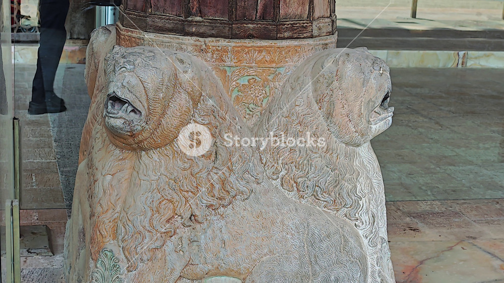 8K Chehel Sotoun Palace Isfahan Iran lion pedestal sculpture Persian column base carving art. Safavid zoomorphic plinth guardian beast statuary animal style ornamental stone craftsmanship.