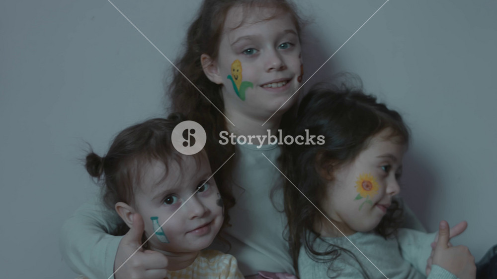 Three cute cheerful little girls with drawings on the theme of Agriculture. Showing the super sign. Agriculture concept.