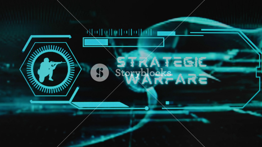 Strategic Warfare inscription on black background. Graphic presentation with neon sensors and symbol of soldier with gun. Military concept