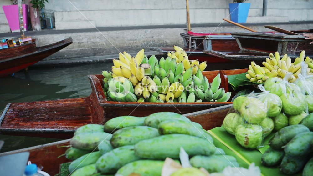 Damnoen Saduak Floating Market in Bangkok Thailand, Bananas For Sale While on Tourist Boat Trip Tour at the Famous Sightseeing Destination