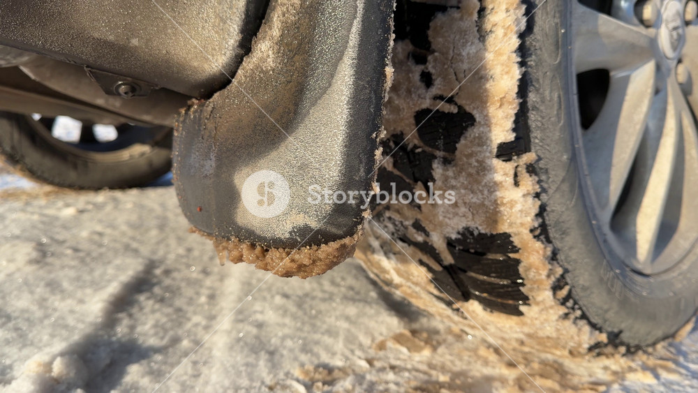 Frozen Mudflap with Ice Accumulation. Close-up of car mudguard covered in thick frozen brown slush and ice. Detail shot emphasizes harsh conditions of winter driving and road salt buildup.