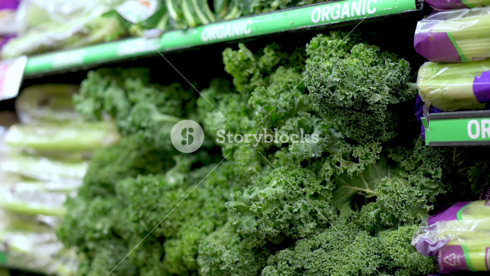 Fresh bunches of curly kale and lettuce displayed on grocery store shelf under organic label signage, emphasizing health-conscious choices and leafy green variety in produce section