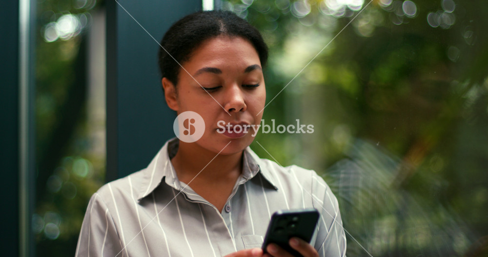Happy, Hispanic Business Woman Work Using Smartphone Phone. Motivation, Success at Office. Excited, Employee, Lawyer, Female Businesswoman