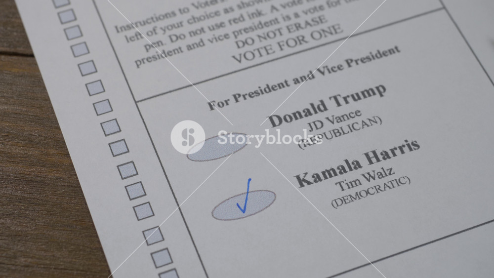 United States of America, November 2024: Voter selected Kamala Harris from Democratic Party on paper ballot during November 2024 US presidential election close up.