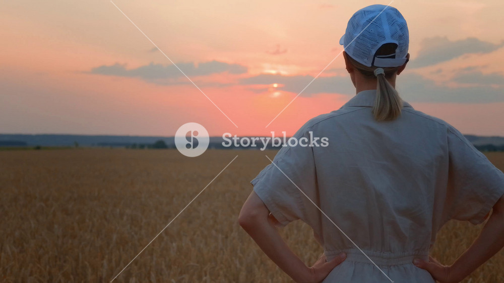 Woman admiring large rye field in sunset time, beautiful sun above. Female person taking energy from nature, relaxing and recovery vitality