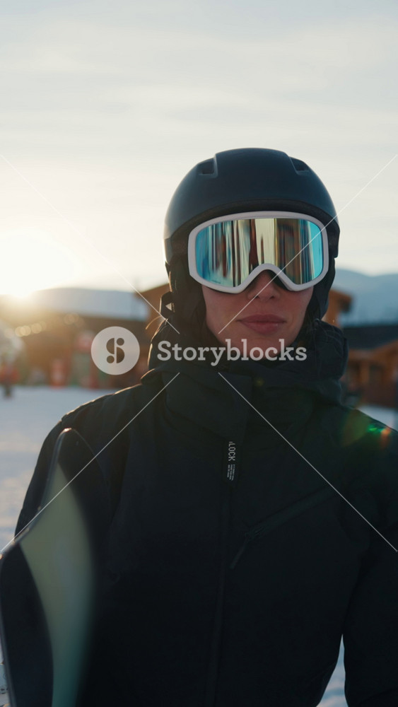 Vertical portrait of self-confident female snowboarder in luxury ski resort in mountains. Athletic woman enjoying active lifestyle and