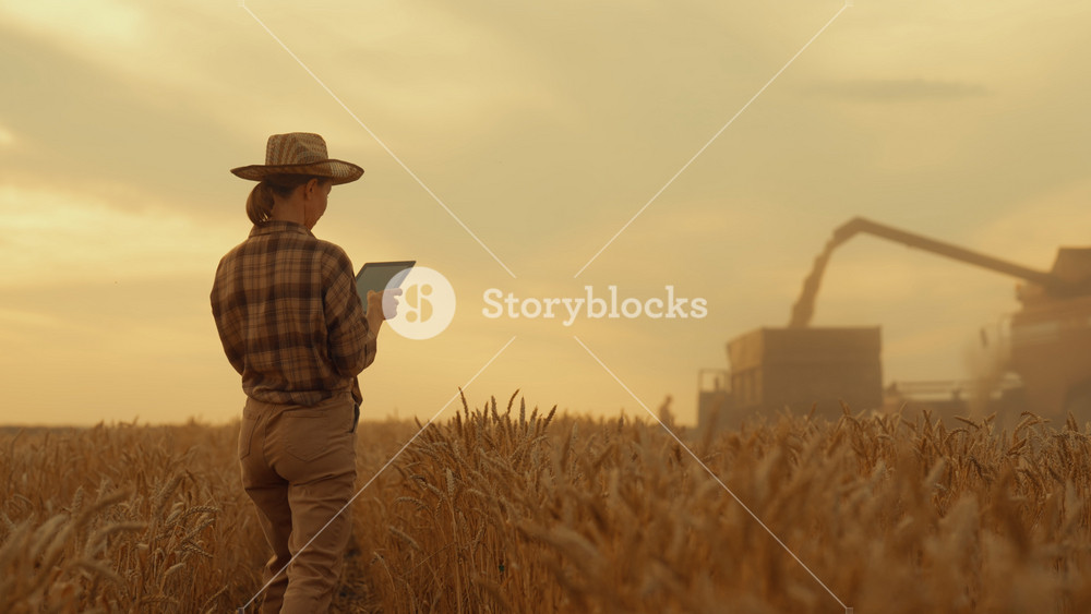 Contemporary agricultural technology, woman agronomist viewing harvester works. Traditional agribusiness and agriculture, organic farming