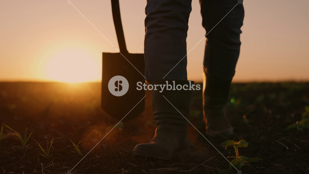 Summer season in countryside, closeup of farmer legs on ground, slow motion. Professional agronomist or farm worker walking in farmland with