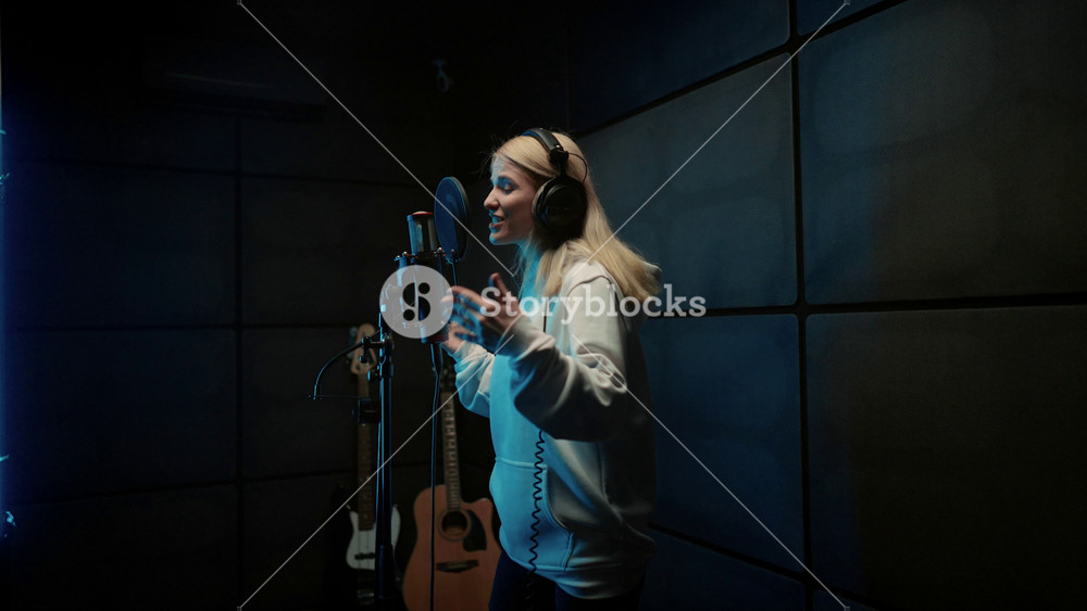 Portrait of professional singer woman recording love song in record studio. Trendy musical label, future pop star signing her first hit
