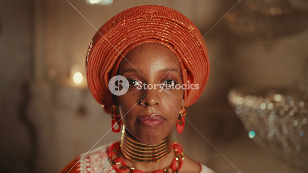 Portrait of beautiful african woman in traditional gown, lady looking at camera. Attractie african princess posing in her fabulous palace