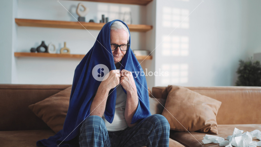 70-years old male person taking body temperature by thermometer, sitting at home. Portrait of aged man in blue blanket in living room