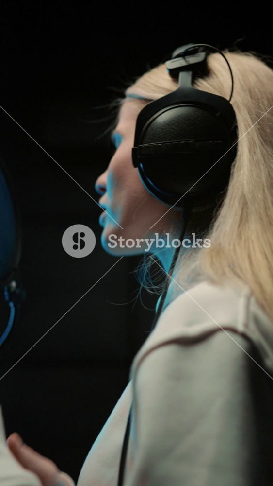 Beautiful young female singer performing new love song in recording studio, vertical portrait. Blonde woman enjoying music, talent and art