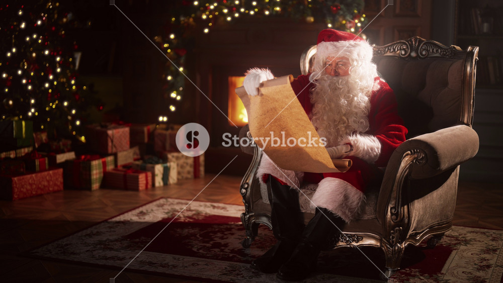 Magic in Christmas Eve, portrait of old Santa Claus reading Atmosphere of mystery and miracles, senior man with long white beard sitting in