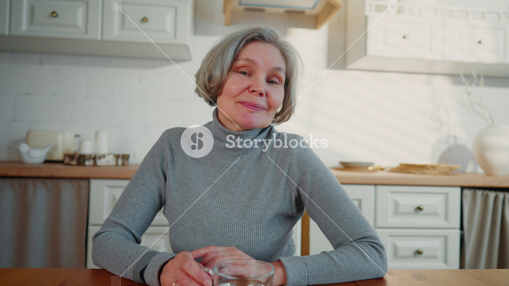 Happy senior lady smiling to camera, portrait in home interior, pretty housewife. Positive emotions and good mood, good feelings and