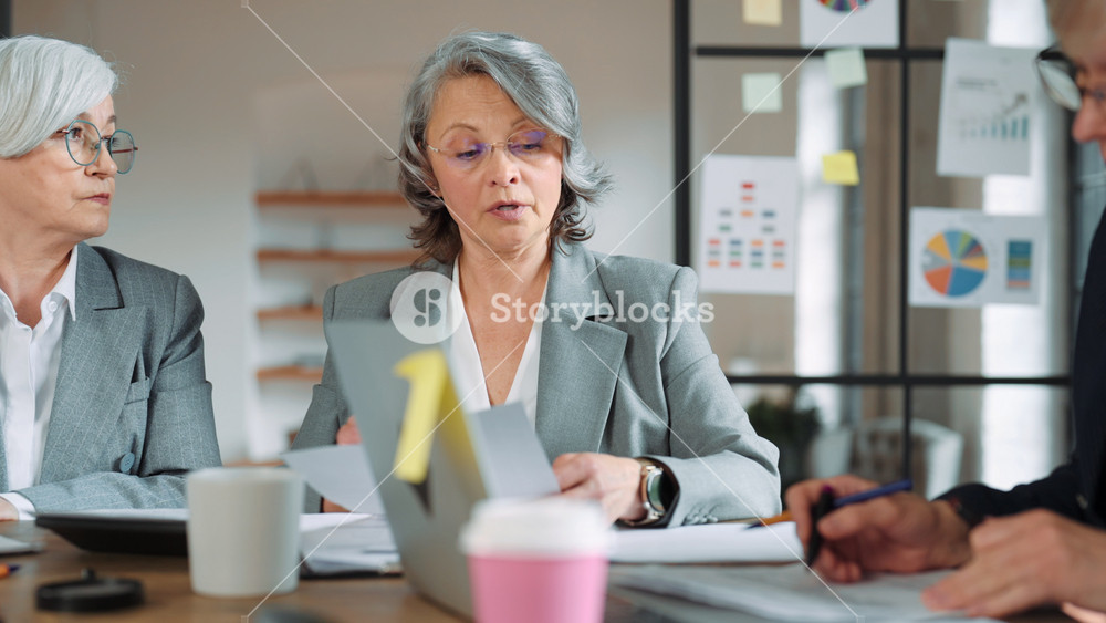 Financial analysts discussing business in office, portrait of senior women. Working day in office of modern international company, head of