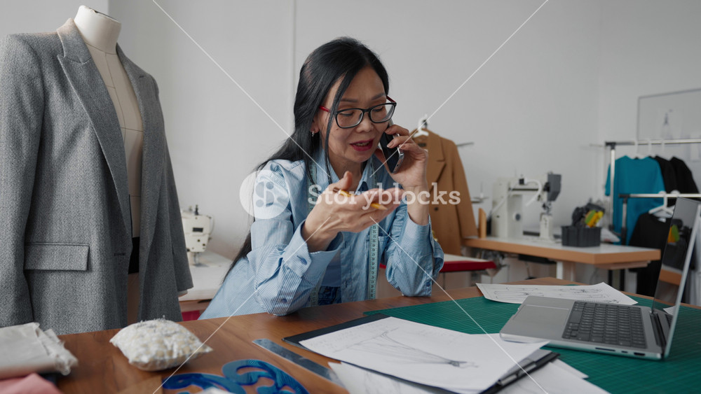 Atelier woman sketching dress and calling by phone in atelier. Aged Asian businesswoman talking by cellphone with customers and suppliers in