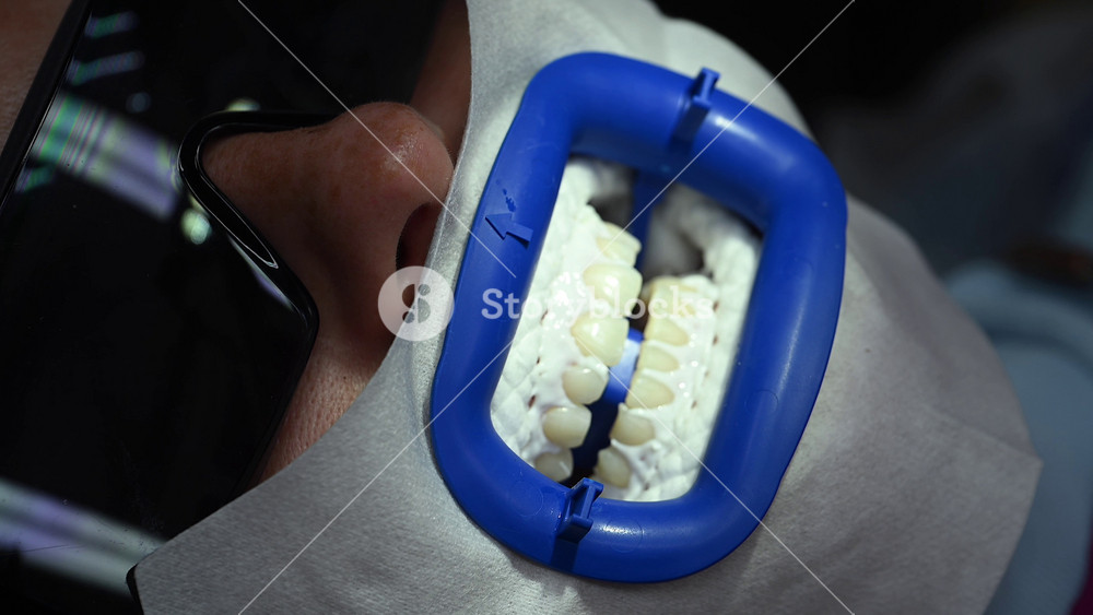 Dental Whitening process in patient mouth. Teeth whitening with UF Lamp, Led Lamp and gel. Dental Extreme Close up Macro Video. Concept of