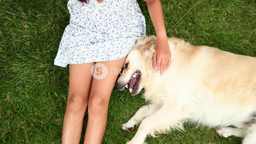 A girl sits on green grass while a golden retriever lies next to her. She pets the dog as they enjoy a sunny afternoon in the park. They are relaxed and happy.