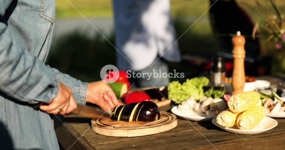 Unrecognizable woman cutting fresh eggplant vegetables on wooden board during weekend barbecue in yard, outdoor, prepare for grilling, summer family picnic, food on the nature.