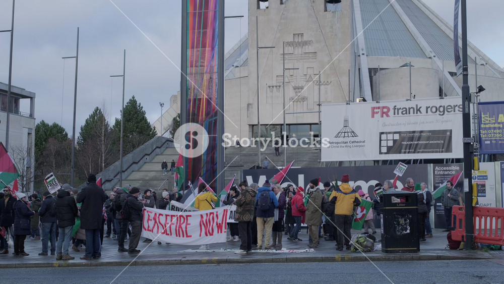 Liverpool, England - January 7, 2024: Liverpool march for Palestine gathered at the Liverpool Metropolitan Cathedral before the start of the march