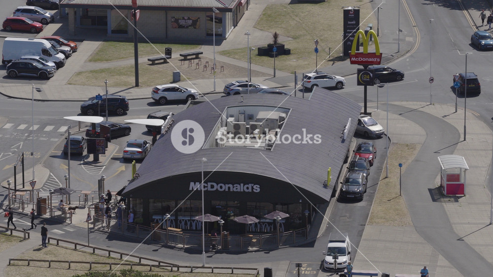 Southport, England - May 17, 2025: Aerial view of McDonald's fast food restaurant in the United Kingdom. Fast food and unhealthy eating concept