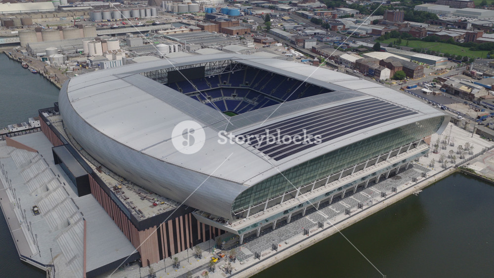 Liverpool, England - June 17, 2025: Aerial view of the new Everton Stadium. Hill Dickinson Stadium located at Bramley-Moore Dock next to the River Mersey