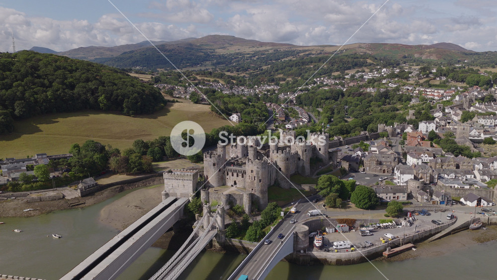 Aerial view of Conwy Castle in North Wales. Historic medieval British architecture. Welsh heritage and culture