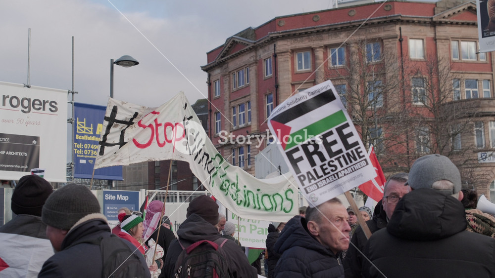Liverpool, England - January 7, 2024: Liverpool march for Palestine gathered at the Liverpool Metropolitan Cathedral before the start of the march