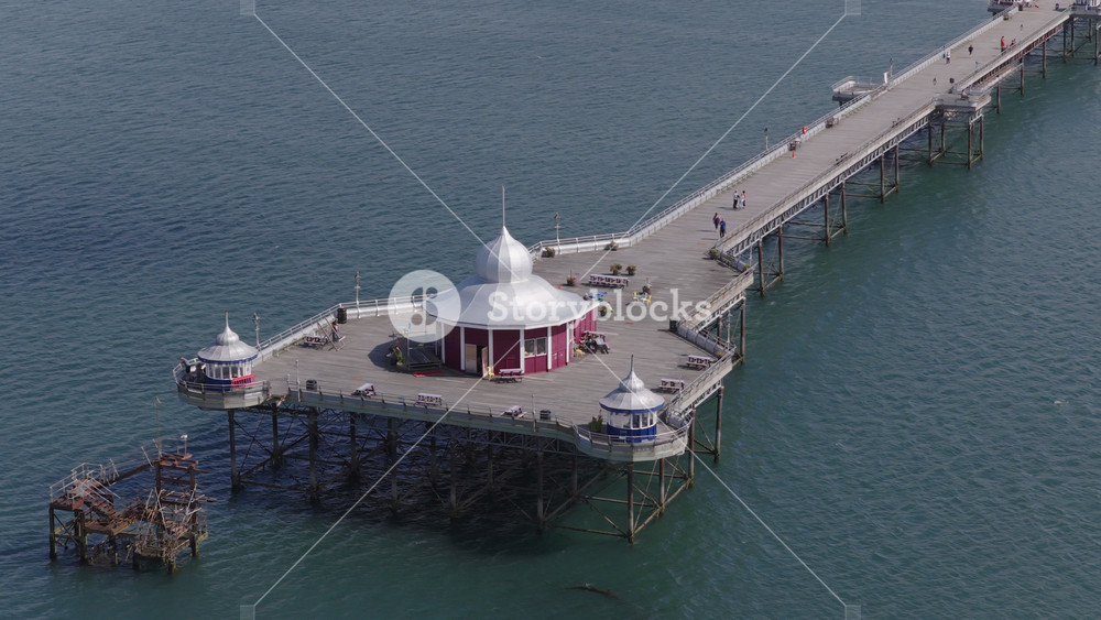 Aerial view of Garth Pier in Bangor. Grade II listed British Victorian pier in the north of Wales, United Kingdom