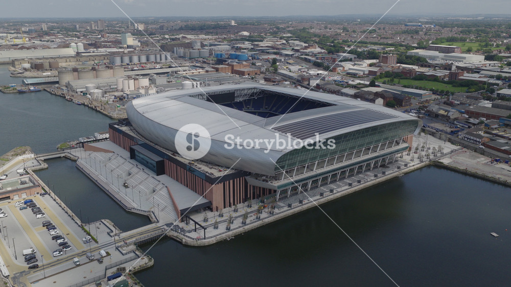 Liverpool, England - June 17, 2025: Aerial view of the new Everton Stadium. Hill Dickinson Stadium located at Bramley-Moore Dock next to the River Mersey