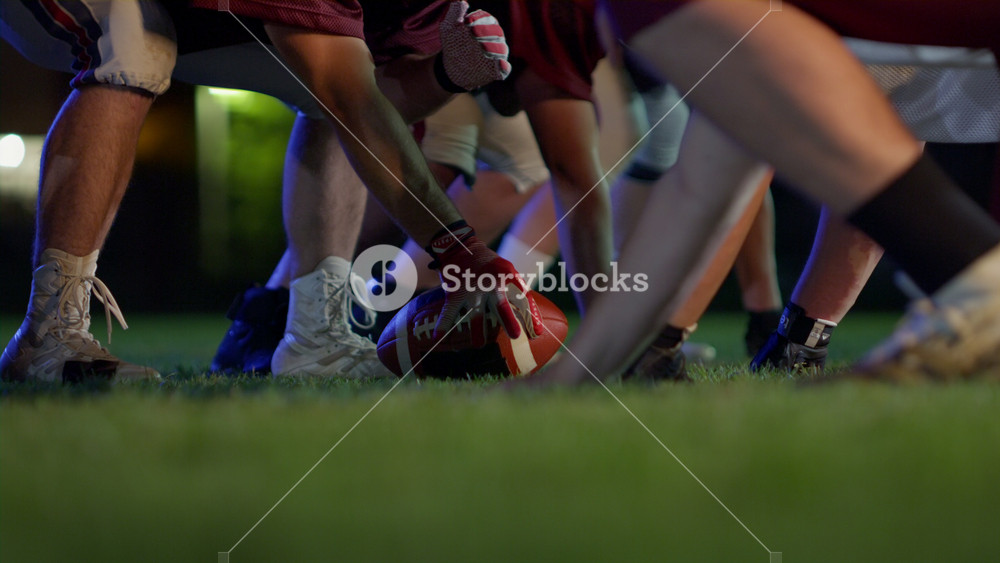 American Football Championship Start Teams Ready: Professional Players, Aggressive Face-off, Start Pushing, Tackling. Full of Brutal Energy