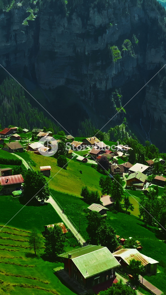 Establishing of Switzerland. Aerial view of the green meadows of Switzerland, with the Alps and clouds in the background