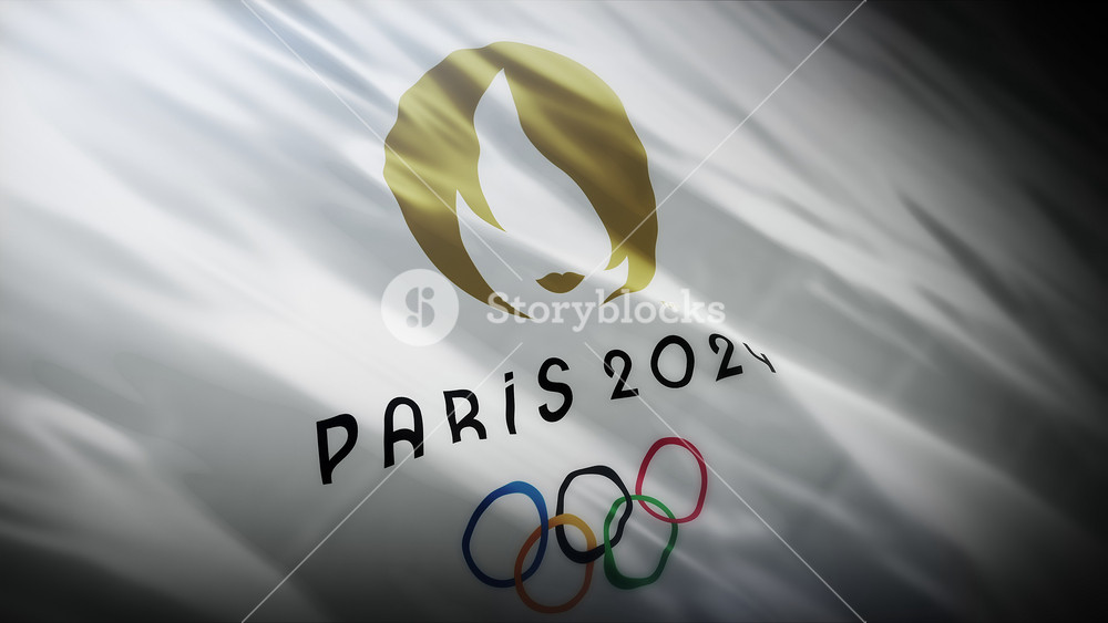 Paris, France, 10 April 2023: Close-up view of the Paris 2024 Summer Olympics flag waving. The XXXIII Olympic Games will be held in Paris, France, from 26 July to 11 August 2024. Seamless loop
