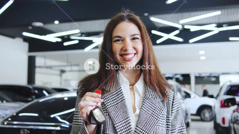 Client holding car keys and celebrates new car purchase with saleswoman in bustling automobile dealership during consultation session