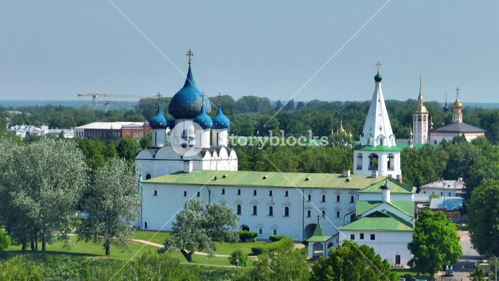 A view of the Suzdal Kremlin, including the Cathedral of the Nativity with its famous blue domes, a UNESCO World Heritage site in Russia's Golden Ring