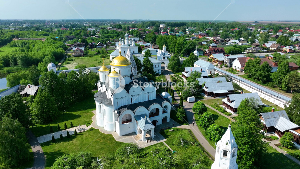 An aerial view of the main cathedral of the Intercession Convent (Pokrovsky Monastery), a famous Orthodox landmark in the historic town of Suzdal