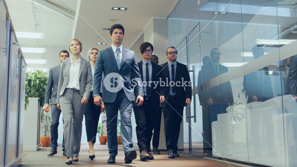 Diverse Team of Delegates/ Lawyers Confidently Marching Through the Corporate Building Hallway. Multicultural Crowd Of Resolute Business People in Stylish Marble and Glass Offices.