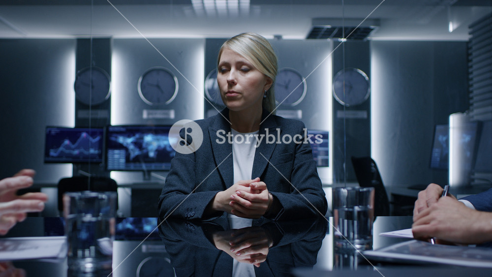Female CEO of the Company Holds Briefing with Executives and Top Managers, Having Discussion in the Conference Room. Businesspeople Strategizing and Talking at the Business Meeting
