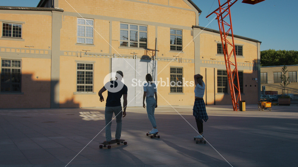 Group of Skaters, Two Beautiful Girls and a Handsome Boy Ride on Skateboards and Longboards. In the Background Post Industrial Warehouses and Stylish Hipster District