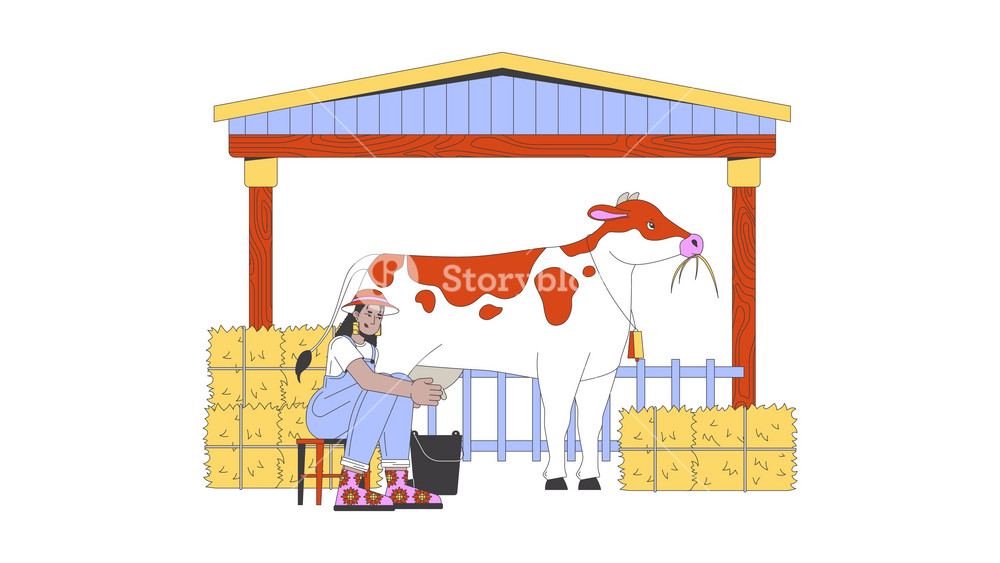 Farmer woman milking cow line cartoon animation. Agriculture activity 4K video motion graphic. Dairy farm milkmaid latin american countrywoman 2D linear animated character isolated on white background