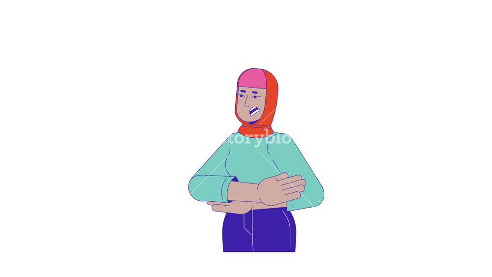 Bullying of muslim hijab line 2D animation. Headscarf arabic woman covering eyes in pain 4K video motion graphic. Islamophobia verbal abuse linear animated cartoon flat concept, white background