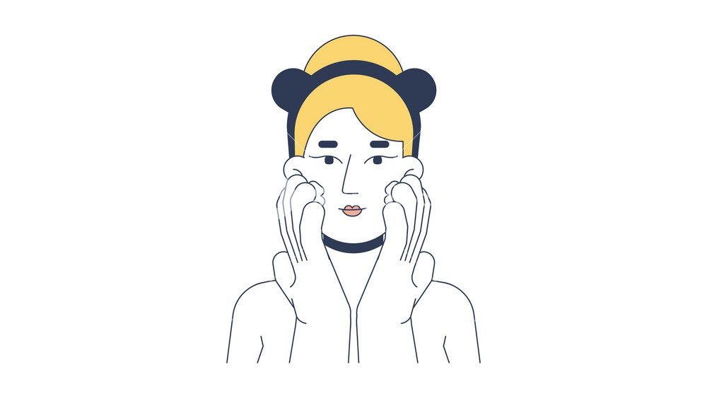 Blonde woman applying cream to face cartoon animation. Foaming cleanser. Skincare routine. Caucasian white female facial wash animated flat 2D character 4K video isolated on white, alpha channel