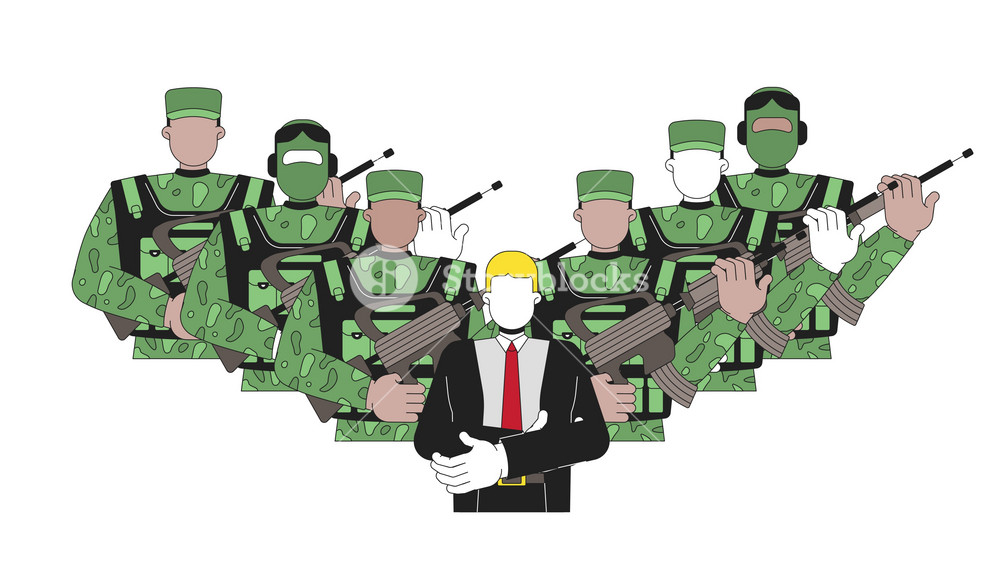 Military dictatorship and political control 2D animation. Faceless politician dictator surrounded by armed soldiers animated characters cartoon flat concept metaphor 4K video isolated on white