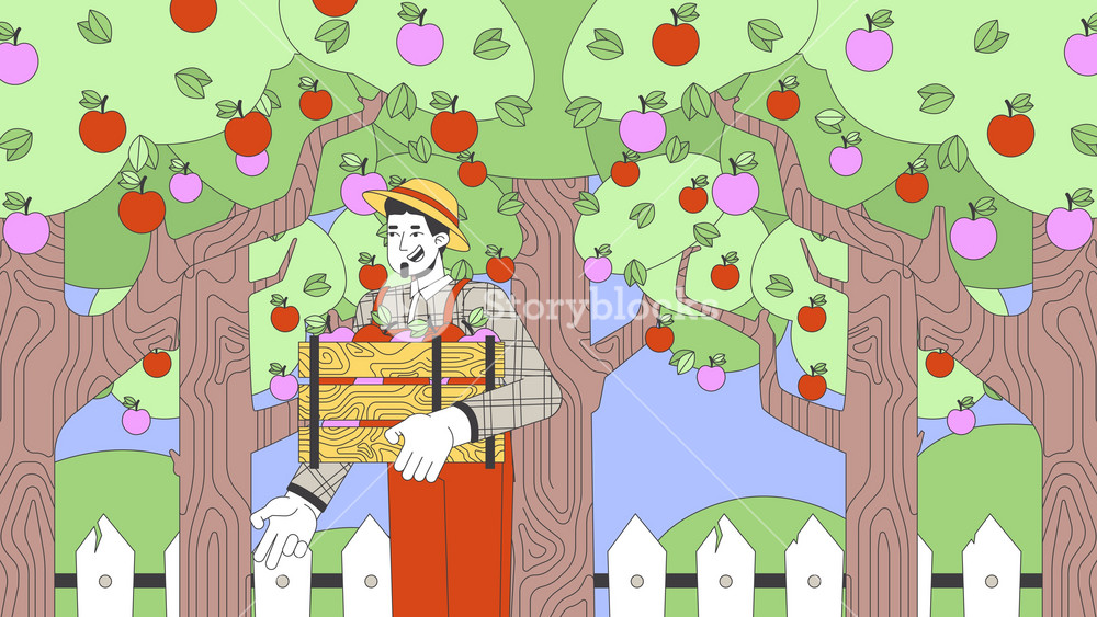 Farmer man harvesting apples in orchard cartoon animation. Agriculture activity outdoor 4K video motion graphic. European countryman picking ripe fruits 2D animated character on garden background