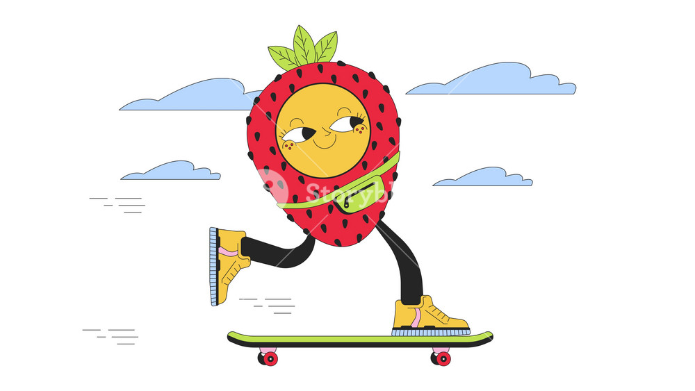 Strawberry skateboard line 2D animation. Retro groovy fruit skater 4K video motion graphic. Cute geometric figure skateboarder teenage boy linear animated cartoon flat concept, white background