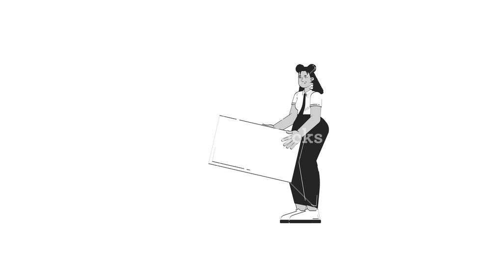 Latina businesswoman bending to lift heavy block outline 2D character doodle animation. Hispanic female corporate professional manual work animated person isolated on white. Linear drawing 4K video