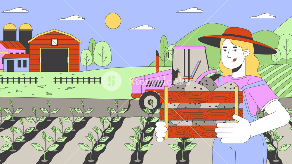 Farmer woman collecting harvest on field cartoon animation. Agriculture activity 4K video motion graphic. Caucasian countrywoman holding potato crate 2D animated character on farmland background