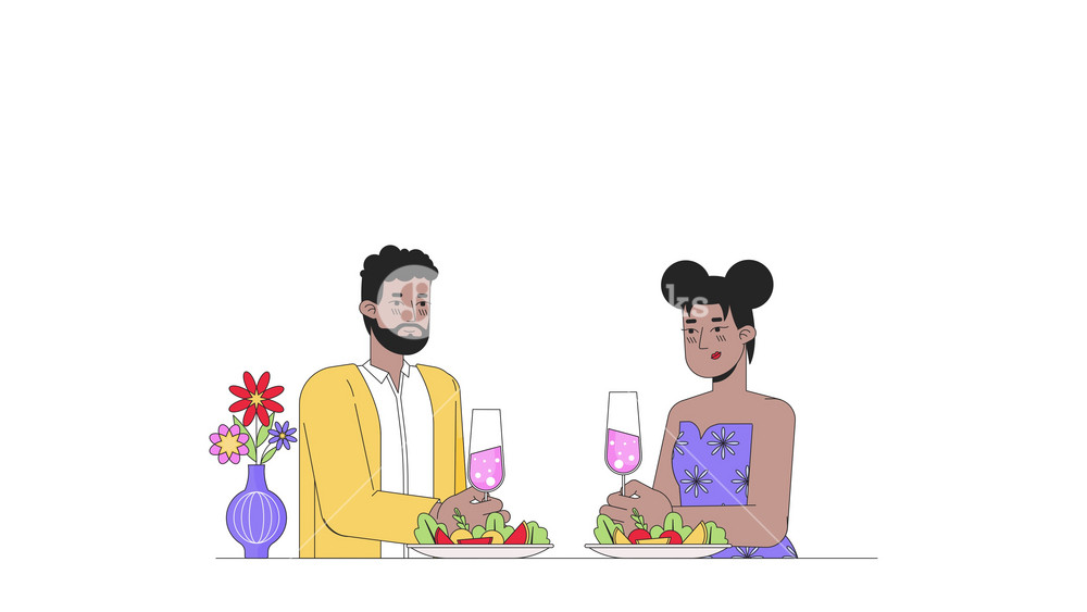African-american couple clinking glasses line 2D characters animation. Congratulations flat color cartoon 4K video, alpha channel. Smitten girlfriend boyfriend animated people on white background