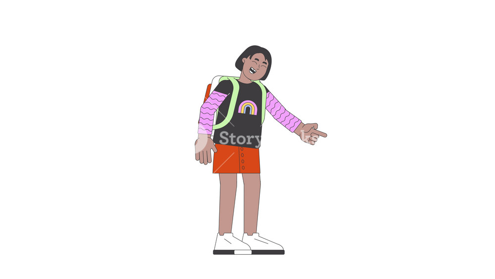 African american schoolgirl laughing happily 2D character animation. Elementary school cartoon 4K video, alpha channel. Joyful girl student having fun animated person on white background