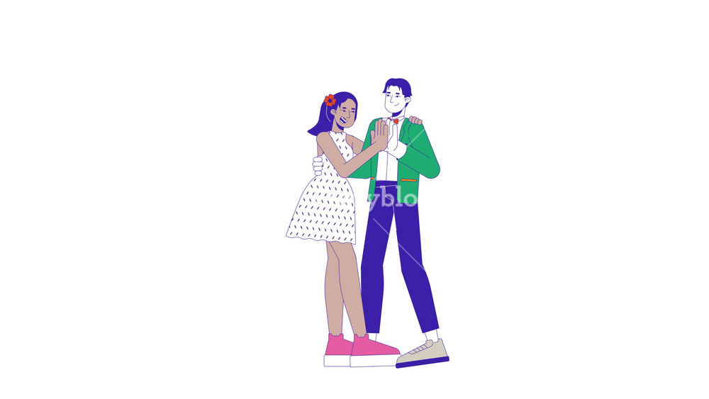 High school sweethearts dancing 2D characters animation. Romantic cartoon 4K video, alpha channel. Prom party boy girl diverse. Gown formalwear adolescent couple animated people on white background